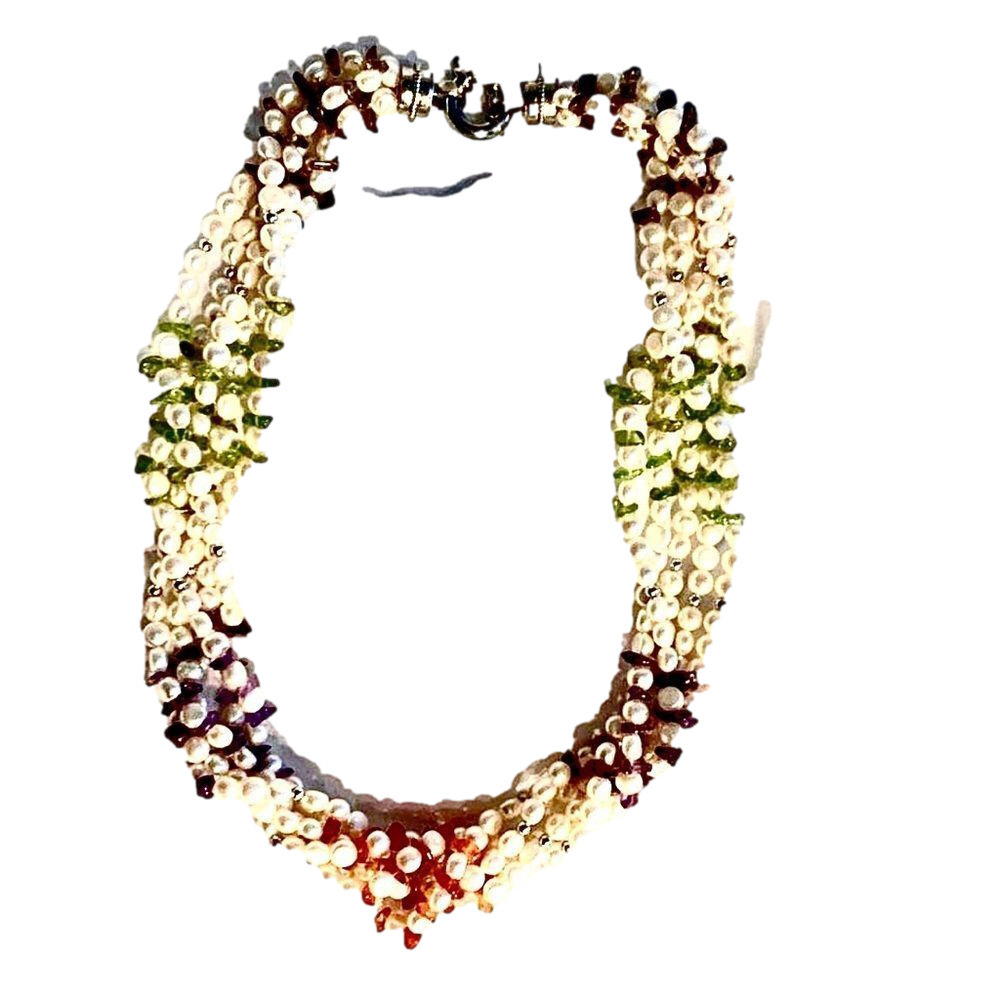 Fresh water pearl 5 strand necklace precious stones 18 inch Base metal Clasp